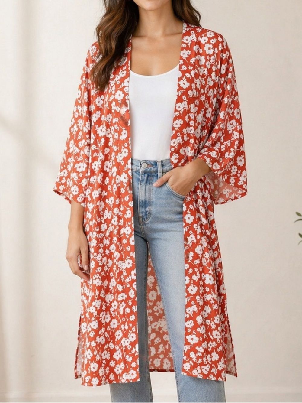 Boho Women’s One Size Floral Kimono Duster Cardigan Long Robe Burnt Orange White